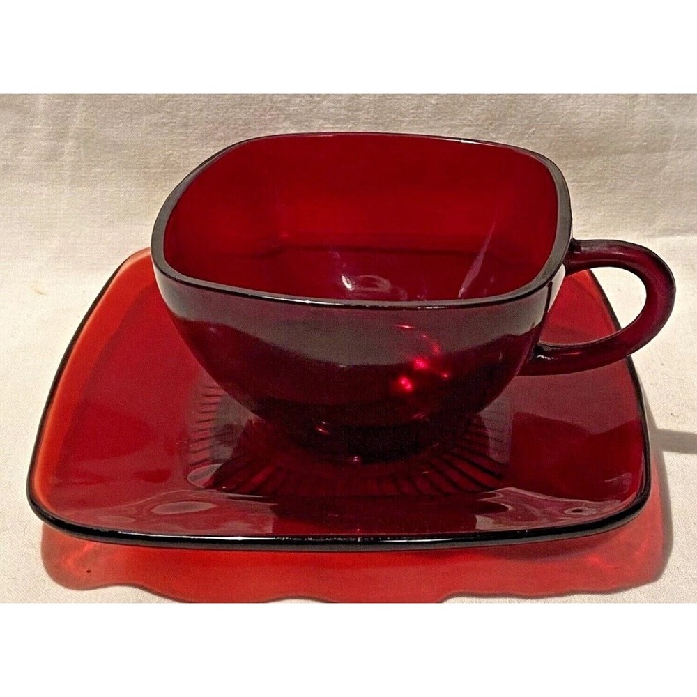 Vintage Anchor Hocking Royal Ruby Red Charm Square Teacup & Saucer Replacement